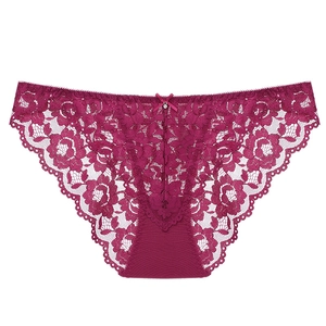 Culotte sexy en dentelle florale violet foncé pour femme avec taille basse et entrejambe coton