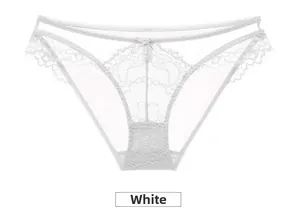 Close-up of white sheer lace panties with elegant floral patterns and a small bow