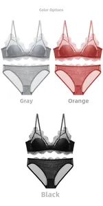 Lace lingerie set color options in grey, orange-red, and black with eyelash trim