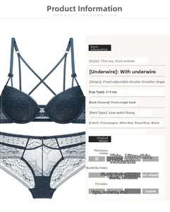 Detailed spec sheet for front-closure lace push-up bra and panty set in deep blue