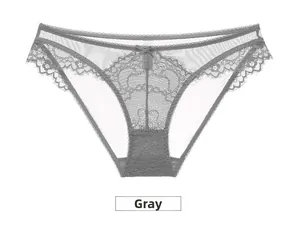 Detailed view of gray sheer lace panties with bow knot and scalloped edges for women