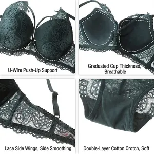 Ensemble de lingerie en dentelle vert foncé avec armatures en U et effet push-up