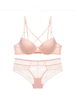 Flat lay of champagne lace lingerie set featuring floral mesh and push-up front buckle design