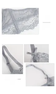 Détail d'un soutien-gorge en dentelle grise avec motifs floraux et nœud en satin sur la bretelle