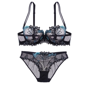 Sexy Transparent Mesh Embroidered Lace Lingerie Ultra-Thin Bra With Matching Bottom Floral Embroidery Elegant Underwear For Women