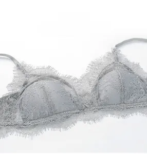 Close-up of gray eyelash lace bra detailing intricate floral mesh and soft textures