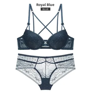 Detailed view of royal blue lace lingerie set with front closure and beautiful back design