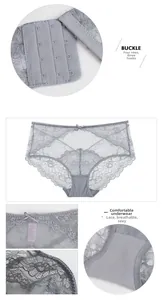 Détails de la culotte en dentelle grise avec nœud et attache de soutien-gorge à quatre rangs
