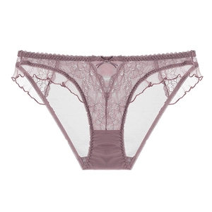 Bragas elegantes de encaje malva con malla transparente y pequeño lazo decorativo