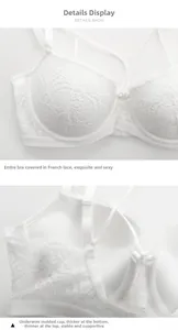 Detail of white French lace bra with underwire and push-up padding for a lifted silhouette