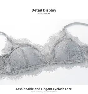 Close-up of gray eyelash lace bra featuring intricate mesh patterns and soft fabric