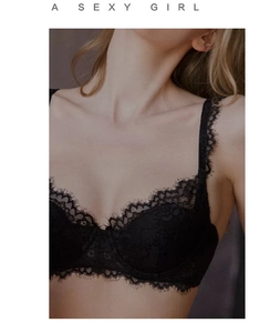 Close-up of black eyelash lace bra with floral embroidery and supportive underwire details