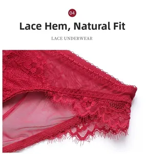 Detail of dark red sheer floral lace leg openings with delicate eyelash trim on panties