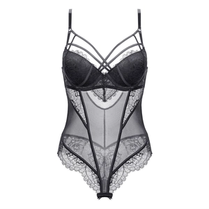Body sexy en dentelle noire avec panneaux en maille transparente et bonnets à armatures