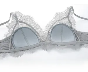 Close-up of breathable soft cup lining and eyelash lace detail on gray bra