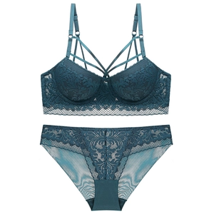French style lace lingerie set in peacock green with cross straps and embroidery