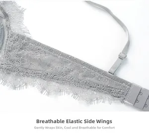 Detail of grey lace bra featuring breathable side wings and delicate eyelash lace trim