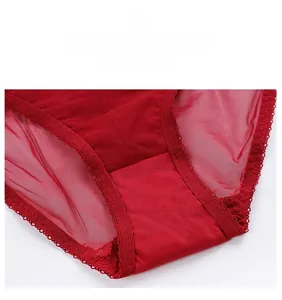 Detailed macro view of pure cotton crotch lining and sheer floral lace on deep red briefs