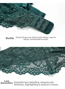 Détail de soutien-gorge en dentelle vert foncé montrant l'agrafe dorsale à trois rangées
