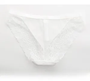 Close-up of white lace panties featuring a V-shaped mesh back and delicate floral trim