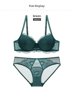 Flat lay of dark green eyelash lace lingerie set featuring underwire bra and sheer panties