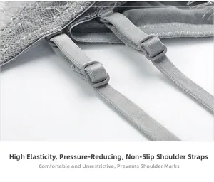Close-up of grey eyelash lace lingerie shoulder straps with adjustable metal buckles