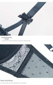 Detail of teal blue lace bra featuring adjustable bow straps and breathable mesh wings