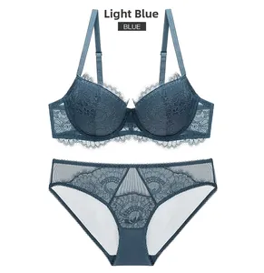 Detailed close-up of light blue eyelash lace lingerie set featuring floral patterns