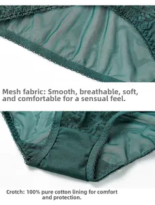 Gros plan détaillé de culotte en dentelle vert foncé avec entrejambe respirant 100% coton