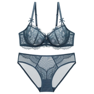 Lace lingerie set with sheer floral patterns and eyelash trim in navy blue color