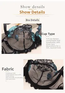 Detailed close-up of floral embroidery on sheer mesh and lace of this 3/4 cup bra