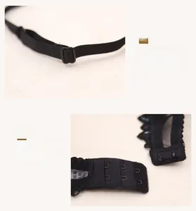Detail of adjustable straps and double hook-and-eye closure on lace mesh lingerie