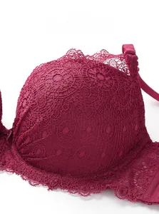 Detail of wine red lace bra showing intricate floral embroidery and breathable mesh cups