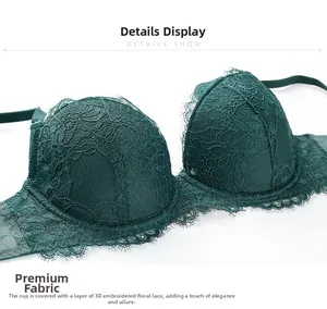Close-up of deep green eyelash lace bra with intricate floral embroidery details