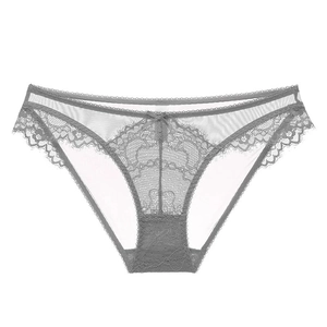 Sexy grey lace low waist panties with sheer mesh and delicate floral embroidery for women