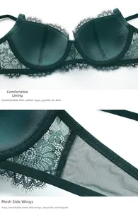 Detail view of dark green eyelash lace bra with breathable mesh wings and thin cotton cups