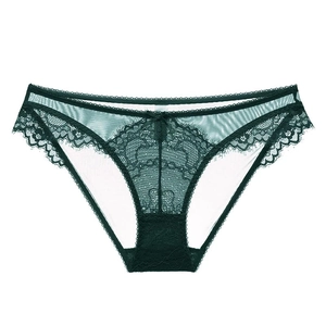 Lace semi-sheer low-rise panties in dark green with mesh and bow detail on white background