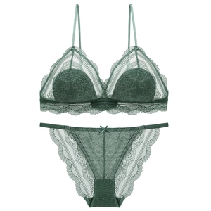 French lace triangle cup lingerie set in dark green, wire-free and sexy floral bra and panty
