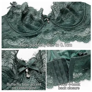 Soutien-gorge en dentelle vert foncé avec bonnets ultra-fins de 0,1 cm et nœud