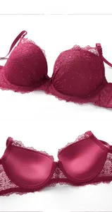 Detailed macro view showing lace floral pattern and breathable cup lining of dark red bra