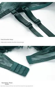 Detail of adjustable straps and two-row hook-eye closure on dark green lace bra