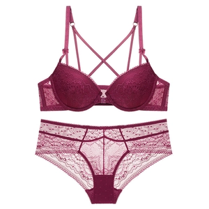 French style front closure push up lace bra set with back detail in burgundy red