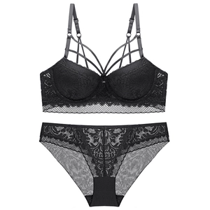 Sexy black lace lingerie set with deep V plunge bra and caged cross straps design
