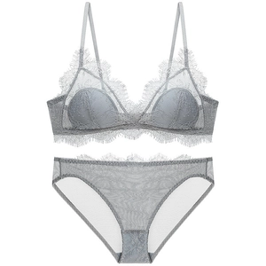 Elegant grey eyelash lace lingerie set with wireless triangle cup bra and sheer panties