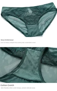 Detail view of dark green lace panties featuring mesh fabric and a soft cotton crotch lining