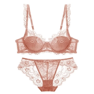 French style floral lace lingerie set with underwire bra and panty in rose pink
