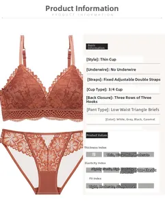 Details vom karamellfarbenen Spitzen-Lingerie-Set mit dünnen Cups und Blumenmuster
