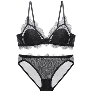 Sexy black eyelash lace lingerie set featuring a triangle cup bra and matching panties