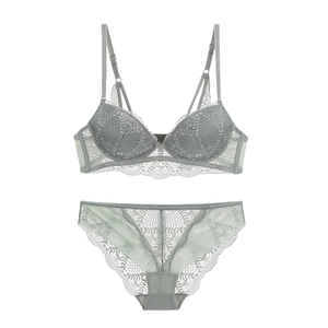 Ensemble soutien-gorge et culotte en dentelle vert gris avec motifs floraux délicats