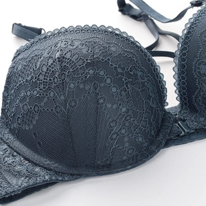 Front closure deep grey lace bra with floral patterns and push-up support for women